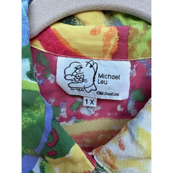 Michael Leu Women's Silk Button Up Shirt Artsy Palm Tree Hawaiian Watercolors 1X - Picture 3 of 10